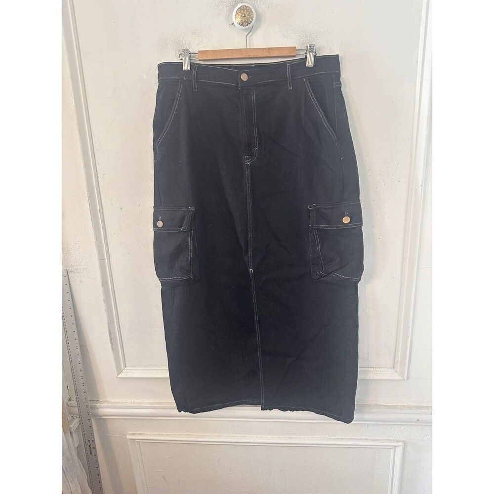 A.N.A. High Rise Womens 16 Black Long Denim Jean Cargo Skirt W Front Slit Stitch